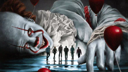 4K Ultra HD wallpaper: Pennywise from It Chapter Two grins among red balloons as five silhouettes walk toward the giant clown, its reflection rippling in the water.