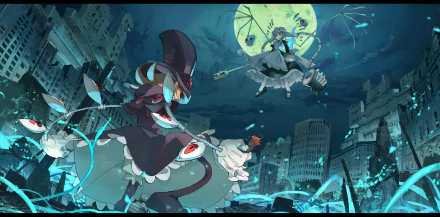 HD PC desktop wallpaper featuring Peacock and Marie from the Skullgirls video game in a dynamic nighttime cityscape battle scene under a full moon.