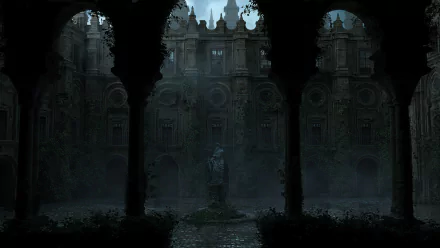 Dark, atmospheric HD PC desktop wallpaper featuring a shadowy statue framed by arches, set against an old, ornate building shrouded in mist.