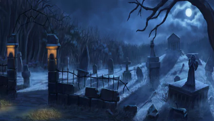 HD PC desktop wallpaper of a dark graveyard under moonlight, featuring tombstones and a wrought iron fence in a misty cemetery setting.