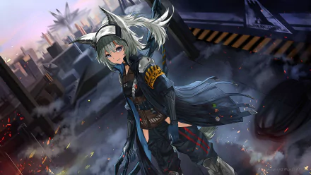 HD desktop wallpaper featuring Grani from Arknights, showcasing her with animal ears, long white hair, and purple eyes, set against a cityscape background in a video game scene.