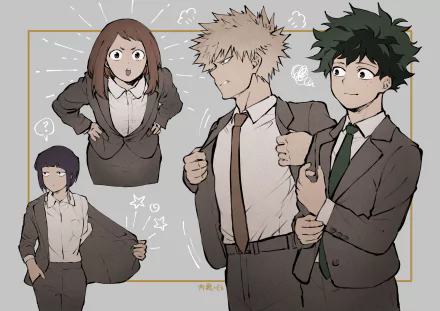 2K Quad HD PC desktop wallpaper of My Hero Academia: Ochaco Uraraka, Kyōka Jirō, Katsuki Bakugou and Izuku Midoriya in school blazers, posing casually against a muted gray background.