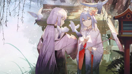 2K Quad HD PC desktop wallpaper/background of Vocaloid anime characters Xingchen and Haiyi: two lavender‑haired figures in shrine robes, one with an umbrella, doves and soft sunlight.