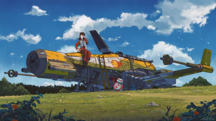 HD PC desktop wallpaper featuring a Studio Ghibli-style Star Wars crossover with BB-8 and a pilot relaxing on a detailed spaceship in a vibrant, lofi-inspired landscape.