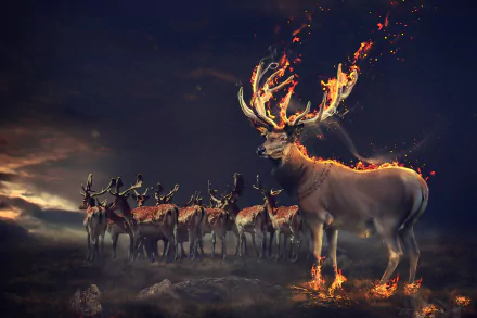 HD desktop wallpaper featuring a majestic fantasy deer with flame-covered antlers, standing proudly in a mystical dark landscape with a herd of deer in the background.