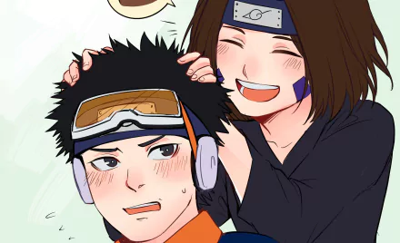 Obito Uchiha and Rin Nohara from Naruto share a cheerful moment in this HD anime PC desktop wallpaper and background.