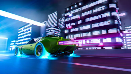 A futuristic green car speeds through a neon-lit cityscape at night, captured in high-definition as a Cyberpunk 2077 video game-themed PC desktop wallpaper.