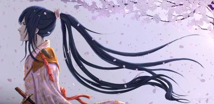 Anime-style illustration of a long-haired character in traditional clothing beneath cherry blossom branches, presented in 8K Ultra HD as a PC desktop wallpaper.