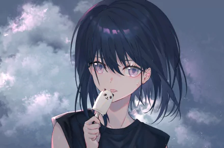 Original anime HD PC desktop wallpaper: purple-haired girl with purple eyes holding a popsicle against a moody cloudy sky.