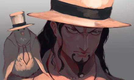 HD PC desktop wallpaper featuring Rob Lucci from the anime One Piece, showcasing his intense expression and signature hat in a dramatic, stylized portrait.