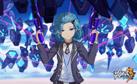 Einstein (Honkai Impact 3rd) in blue tones, holding dual pistols before floating crystalline mecha — video game 2K Quad HD PC desktop wallpaper and background.