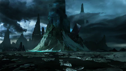 Dark, moody fantasy landscape featuring towering jagged peaks shrouded in mist, rendered in HD for a striking PC desktop wallpaper background.