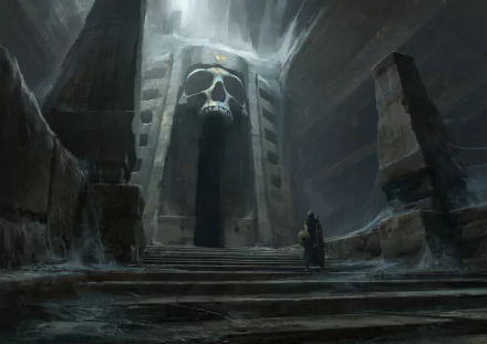 A lone fantasy warrior stands before a colossal, ancient stone gateway shaped like a skull, engulfed in mist and shadows in this HD fantasy desktop wallpaper.