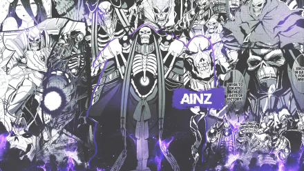 HD desktop wallpaper featuring Ainz Ooal Gown from the anime Overlord, showcasing various dynamic and striking poses of the character amidst a dark, mystical background.