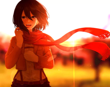 HD desktop wallpaper featuring Mikasa Ackerman from the anime Attack on Titan, with a vivid sunset background and a red scarf blowing in the wind.