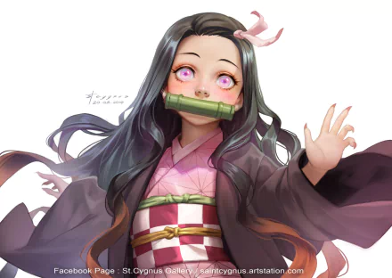 HD desktop wallpaper featuring Nezuko Kamado from the anime Demon Slayer: Kimetsu no Yaiba, depicted with flowing black hair, a bamboo muzzle, and a pink-checkered kimono.