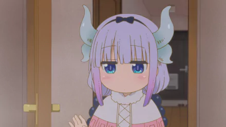 HD anime wallpaper featuring Kanna Kamui from Miss Kobayashi's Dragon Maid with her signature horns, pastel purple hair, and blue eyes in a cozy indoor setting.