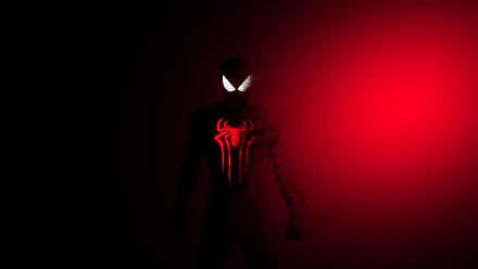 Minimalist Spider-Man comic design with glowing eyes and spider emblem, set against a dark red background, rendered in 4K Ultra HD for PC desktop wallpaper.