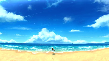 HD anime beach wallpaper featuring a serene shoreline, clear blue skies with fluffy clouds, and gentle waves.