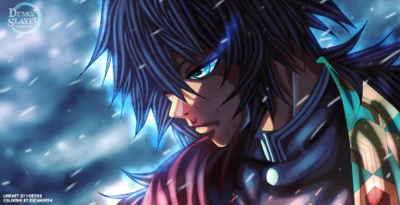 HD anime wallpaper featuring Giyuu Tomioka from Demon Slayer: Kimetsu no Yaiba with intense blue eyes and detailed artwork for PC desktop background.