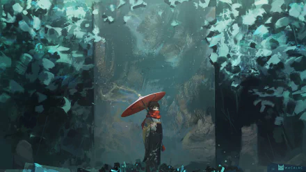 A fantasy scene featuring an oriental figure holding a red umbrella, standing amidst glowing blue foliage in a mystical forest, captured in 4K Ultra HD for PC desktop.
