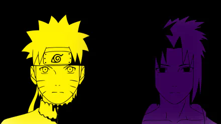 HD PC desktop wallpaper featuring anime characters Naruto Uzumaki and Sasuke Uchiha from Naruto, with a striking yellow and purple color contrast.