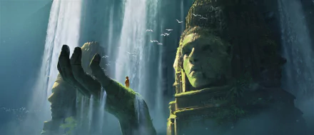 HD desktop wallpaper depicting a large, artistic statue holding a tiny figure in its hand, set against a backdrop of cascading waterfalls and a fantasy-like environment.