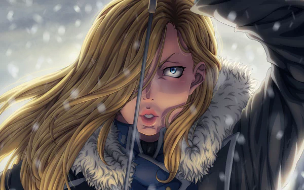 Olivier Mira Armstrong (Fullmetal Alchemist) anime HD desktop wallpaper — close-up: fur-collared uniform, wind-tossed blonde hair, piercing blue eyes and snow falling around her.