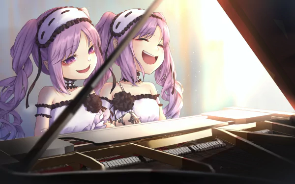 HD anime desktop wallpaper featuring Stheno and Euryale from Fate/Grand Order playing piano together in a bright, warm setting.