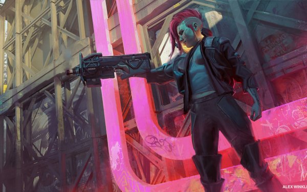 Sci Fi Cyberpunk Pink Hair Weapon HD Wallpaper | Background Image