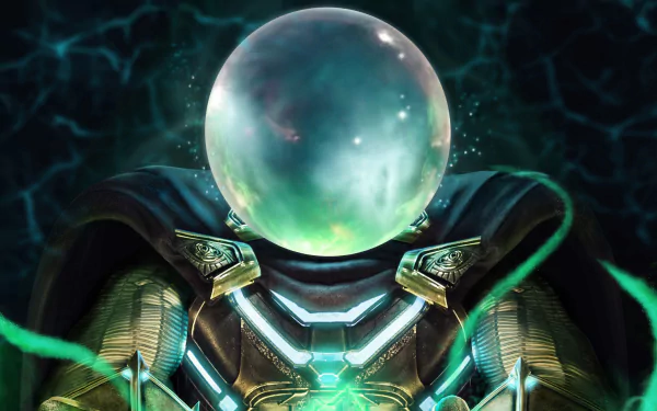 4K Ultra HD wallpaper featuring Mysterio from the Marvel Comics movie Spider-Man: Far From Home, showcasing his iconic fishbowl helmet and mystical armor.