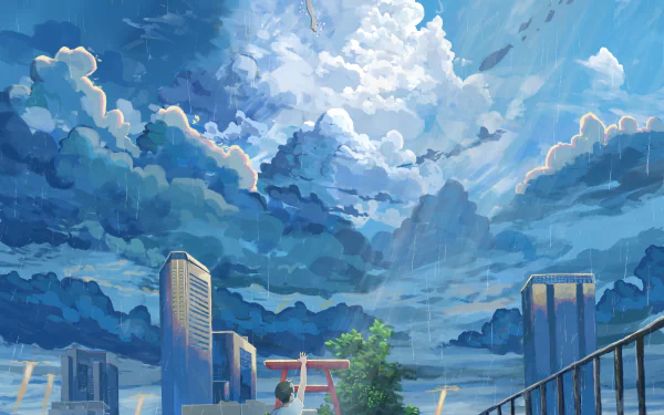 A vibrant 4K Ultra HD anime wallpaper featuring Hina Amano and Hodaka Morishima from Weathering with You beneath dramatic, swirling clouds over a cityscape.