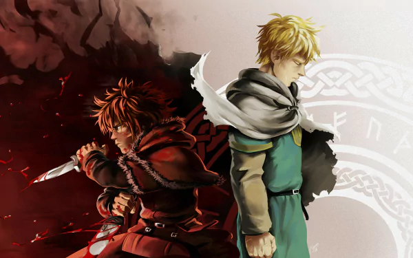 HD anime wallpaper featuring Thorfinn from Vinland Saga, showcasing his dual nature with contrasting dark and light backgrounds.
