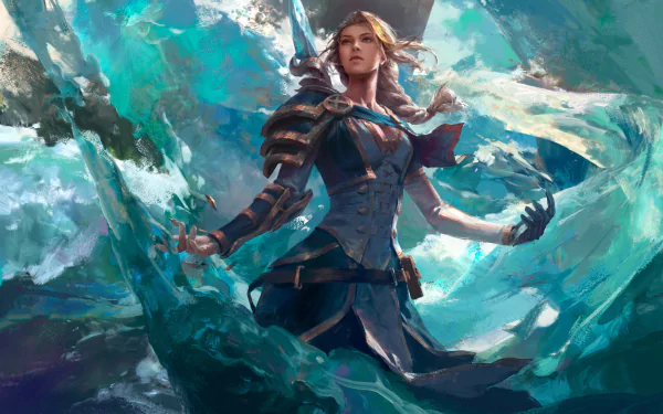 Jaina Portvaillant, the white-haired sorceress from World of Warcraft, casts a powerful spell amid swirling magical ice in this HD PC desktop wallpaper.