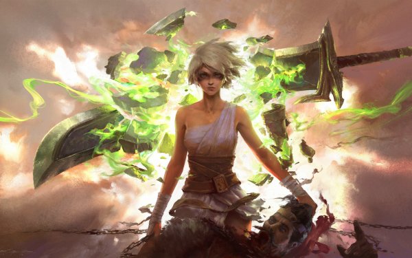 Video Game League Of Legends Riven Sword Short Hair White Hair Woman Warrior HD Wallpaper | Background Image