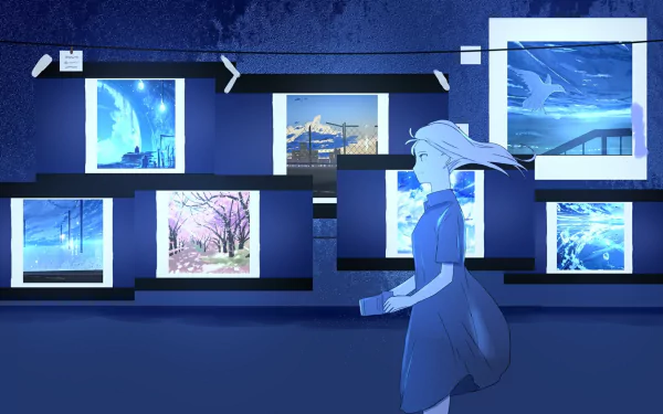 Original anime gallery HD PC desktop wallpaper: blue-toned scene of a girl walking past illuminated framed landscapes—sea, sky and cherry blossoms—evoking a quiet, cinematic mood.