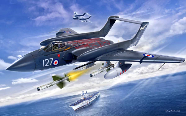 HD PC desktop wallpaper: de Havilland Sea Vixen jet fighter (military warplane) firing rockets above an aircraft carrier and warship at sea — aircraft/jet fighter background.