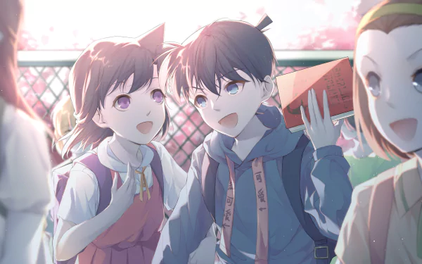 HD PC desktop wallpaper of Mouri Ran and Shinichi Kudo from Detective Conan sharing a cheerful moment in a sunlit schoolyard, anime-style.