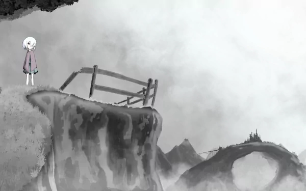 Monochrome original anime-style HD desktop wallpaper depicting a solitary character standing on a cliff with a broken fence, overlooking a misty, surreal landscape.