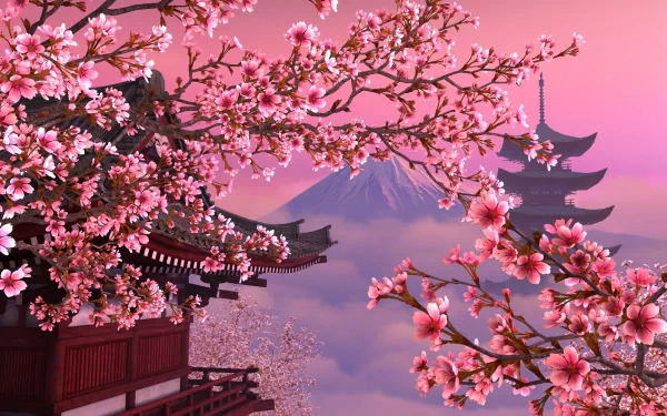 HD PC desktop wallpaper featuring an artistic Japanese scene with vibrant sakura cherry blossoms framing a traditional pagoda against a serene mountain backdrop.