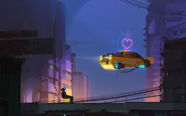 HD PC desktop wallpaper of a cyberpunk sci‑fi city: neon-lit flying taxi car/vehicle with a heart sign hovers above rooftops as a lone silhouette watches the futuristic skyline.