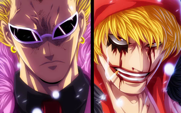 HD anime desktop wallpaper featuring Donquixote Rosinante (Corazon) and Donquixote Doflamingo from One Piece, showcasing intense expressions and vibrant colors.
