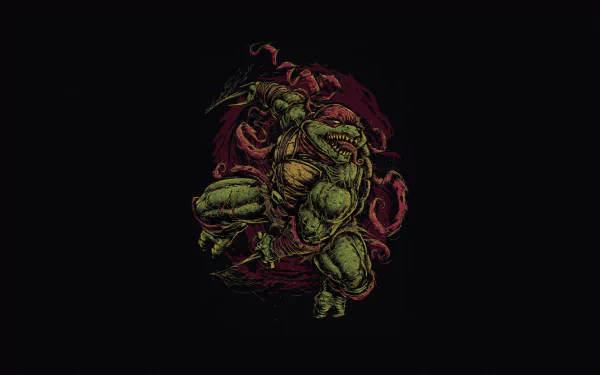 HD PC desktop wallpaper: comic-style Teenage Mutant Ninja Turtles image of Raphael in a red bandana, snarling and brandishing his sais against a dark background.