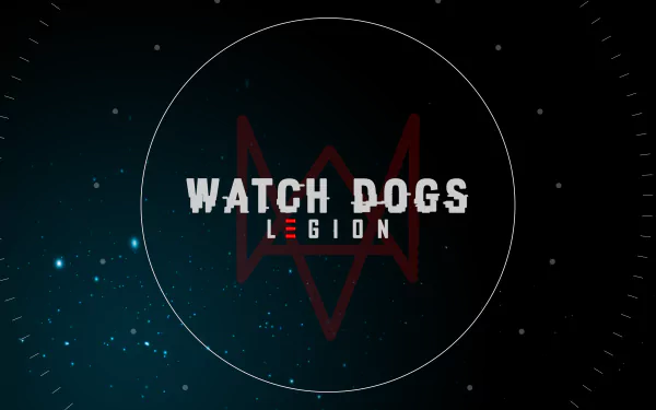 Watch Dogs: Legion video game logo centered over a red emblem and circular HUD on a dark starfield — 4K Ultra HD PC desktop wallpaper background.