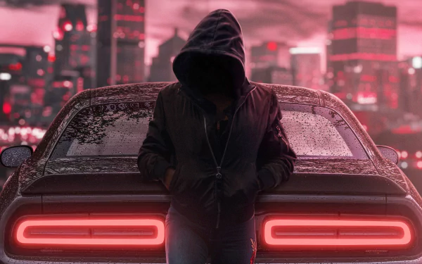A hooded man stands alone leaning against the rear of a Dodge Challenger with glowing taillights, set against a moody, rain-speckled cityscape at dusk.