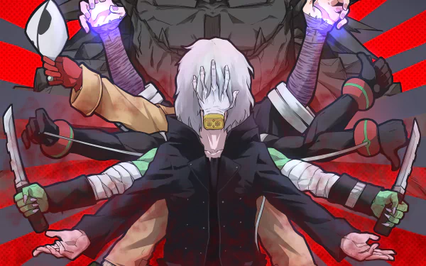 Tomura Shigaraki, Anime My Hero Academia 5K Ultra HD PC wallpaper: white‑haired villain with hands covering his face, extra arms and knives radiating against a red burst background.