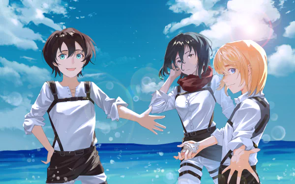 HD anime desktop wallpaper featuring Armin Arlert, Eren Yeager, and Mikasa Ackerman from Attack on Titan by the ocean under a bright blue sky.