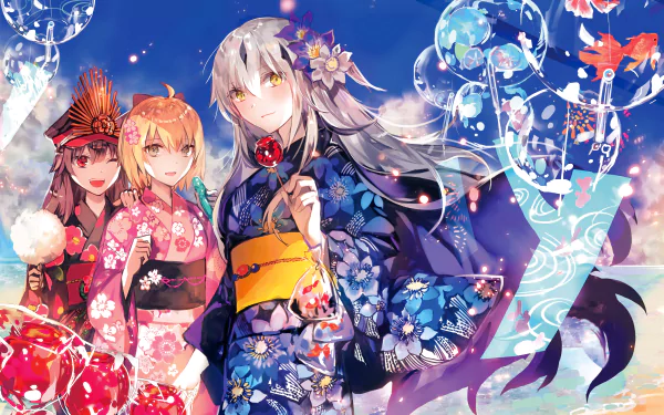 HD anime desktop wallpaper featuring Nagao Kagetora, Souji Okita, and Nobunaga Oda from Fate/Grand Order in colorful kimono against a vibrant, glowing background.