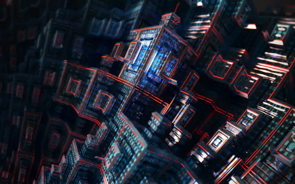 Abstract image featuring a complex arrangement of luminous cubes with intricate patterns, in high definition. This dynamic and visually captivating wallpaper makes an engaging desktop background.