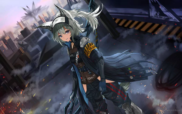 HD desktop wallpaper featuring Grani from Arknights, showcasing her with animal ears, long white hair, and purple eyes, set against a cityscape background in a video game scene.